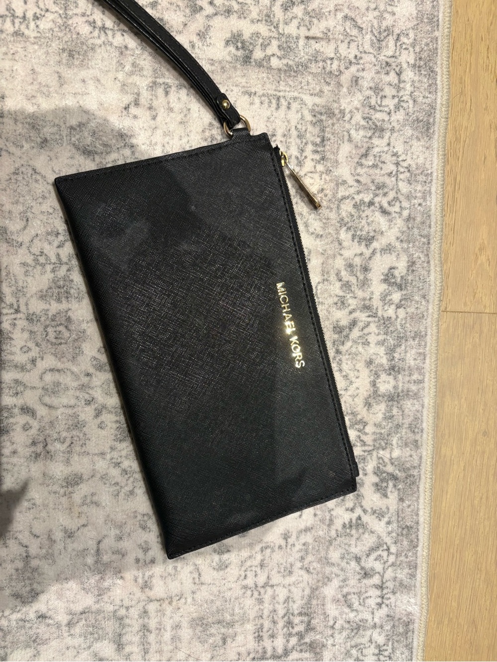 Michael Kors Black Saffiano Leather Wristlet with Gold Logo